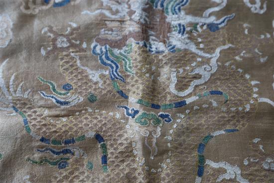 A Chinese brocade dragon panel fragment 17th/18th century, 80cm x 99cm including later border, professional repairs